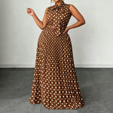 Polka Dot Sleeveless Tie Waist Midi Dress