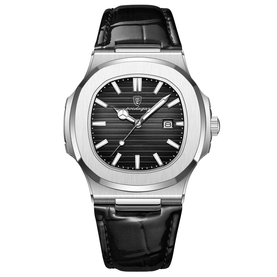 Silver-cased watch with a blue textured dial, luminous hour markers, a date window, and a blue crocodile-embossed leather strap.