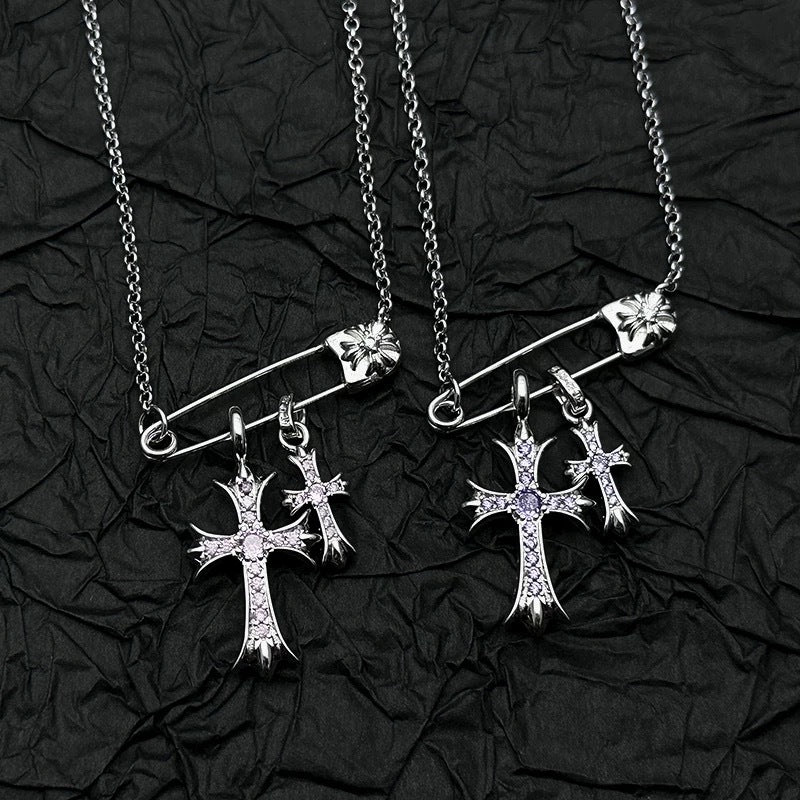 925 Silver Plated White Gold Rhinestone Pin Double Cross Pendant Necklace for Men and Women, European and American Style, Unique Design, High-End Look