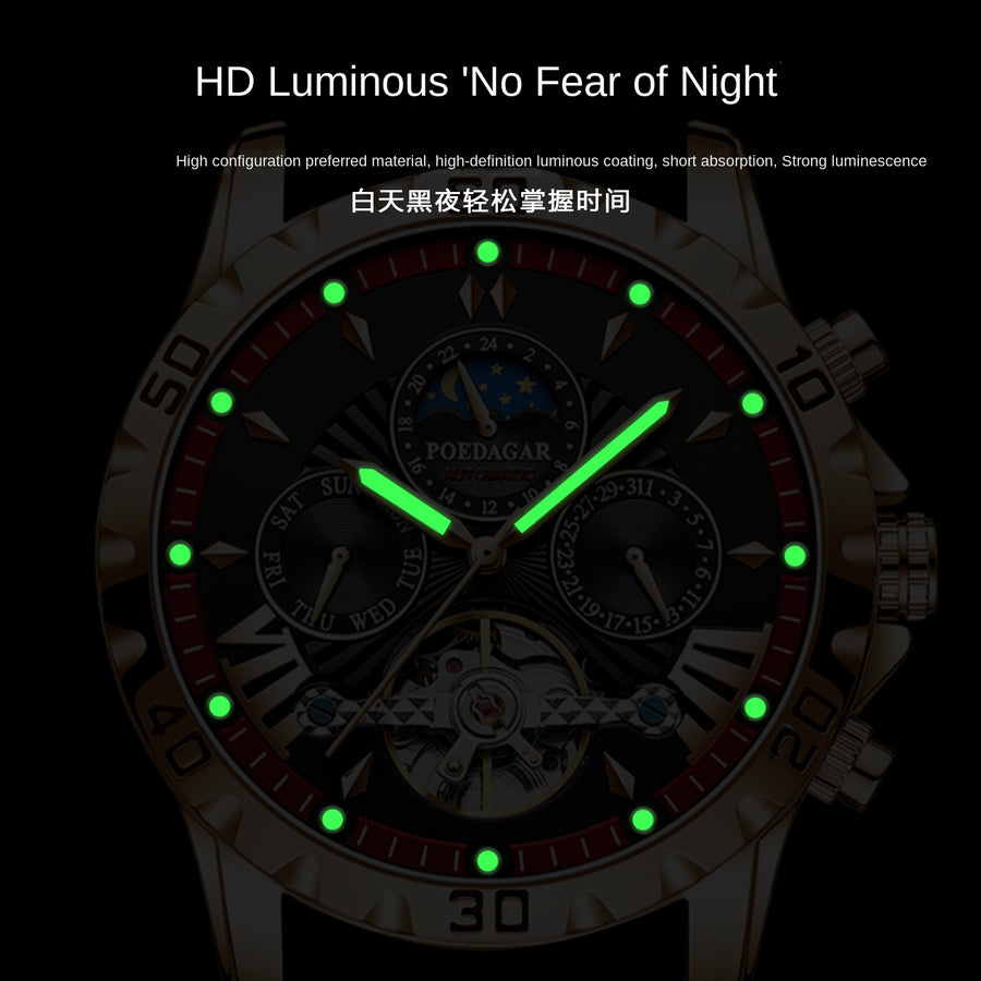 Gold and silver automatic watch with a black dial, moonphase display, and day date subdials
