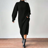 Fashionable Knit Dress for Women, Long Sleeve, High Neck, Crewneck, Solid Color, Long Length, Inner Layer Dress
