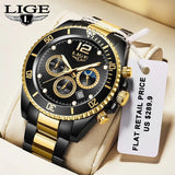 Men's gold-tone chronograph watch with blue dial and stainless steel bracelet