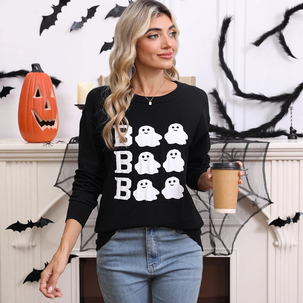 Halloween embroidery casual round neck long sleeved top with Halloween elements