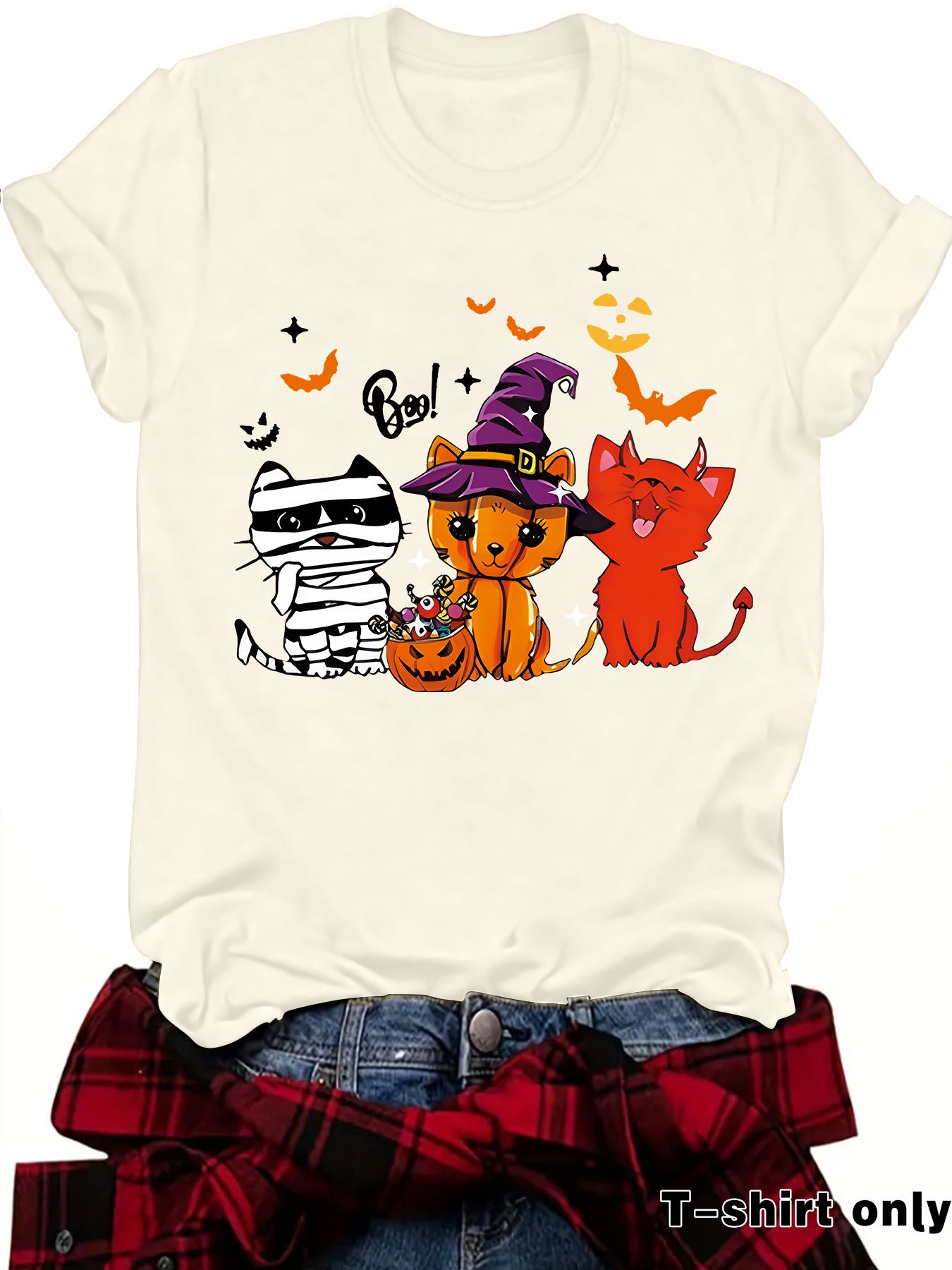 Three Halloween cat prints on short sleeves