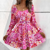 New Fashion European and American Womens Square Neck Printed Ruffle Sleeve Slim Fit Dress