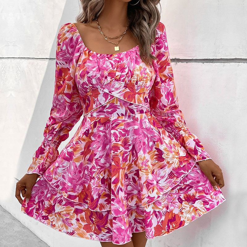 New Fashion European and American Womens Square Neck Printed Ruffle Sleeve Slim Fit Dress