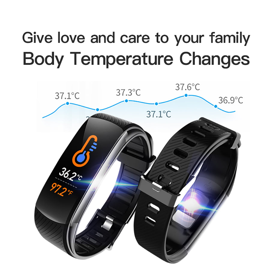 Black rectangular smart bracelet with digital time and step display