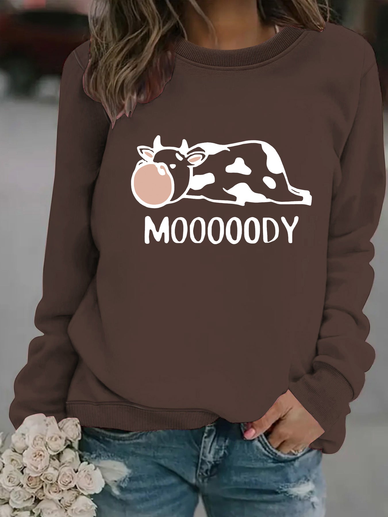 Round neck MOOOOODY printed pullover sweatshirt sweatshirt
