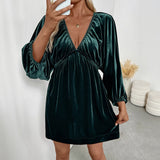 Women's Solid Color Lantern Sleeve Deep V Neck Velvet Dress