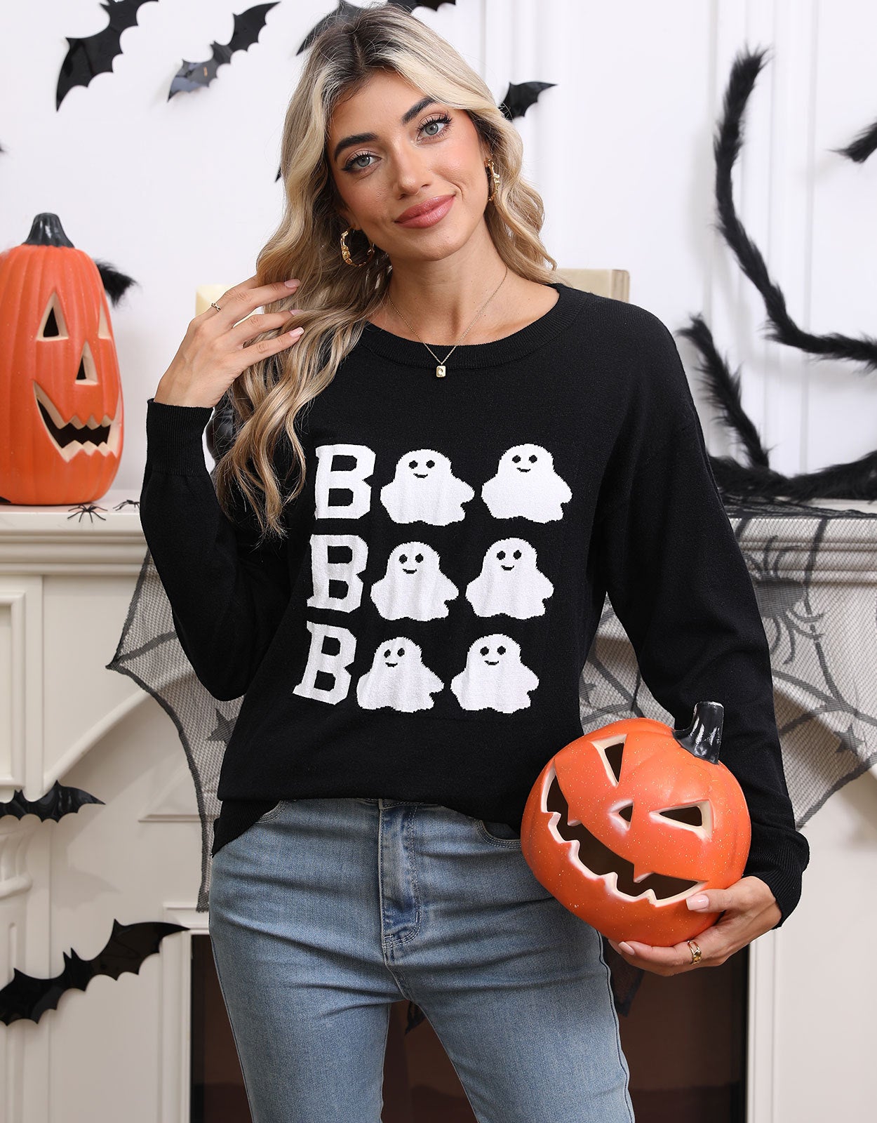 Halloween embroidery casual round neck long sleeved top with Halloween elements