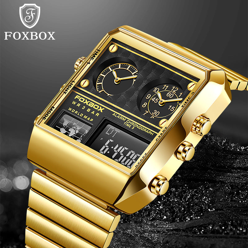 Gold square dual-display watch with black dial, angled view showing world map and chronograph