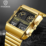 Gold square dual-display watch with black dial, angled view showing world map and chronograph