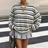 Round neck contrasting striped pullover loose sweatshirt