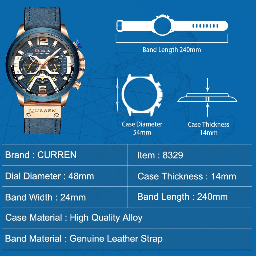 CURREN men's chronograph watch, blue dial with rose gold accents, blue leather strap