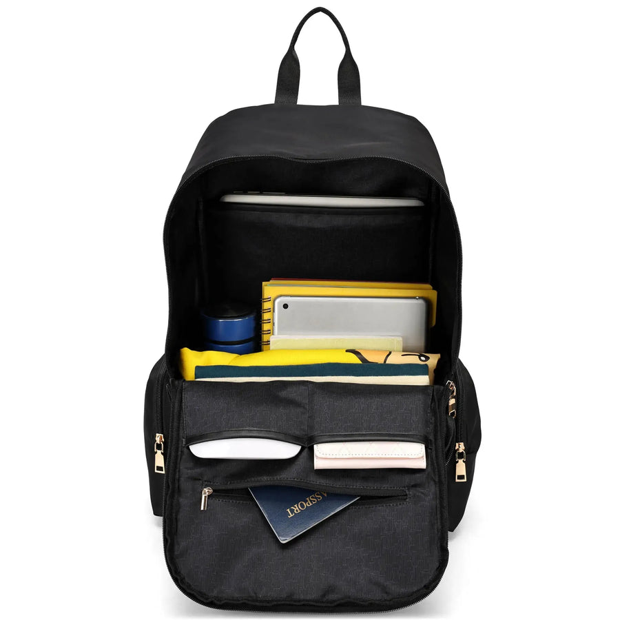 A black ELLE Rendezvous backpack in twill polyester with vegan leather accents, with multiple organized compartments and adjustable padded shoulder straps.