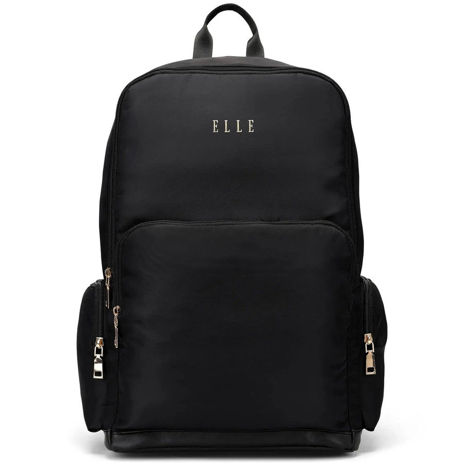 A black ELLE Rendezvous backpack in twill polyester with vegan leather accents, with multiple organized compartments and adjustable padded shoulder straps.