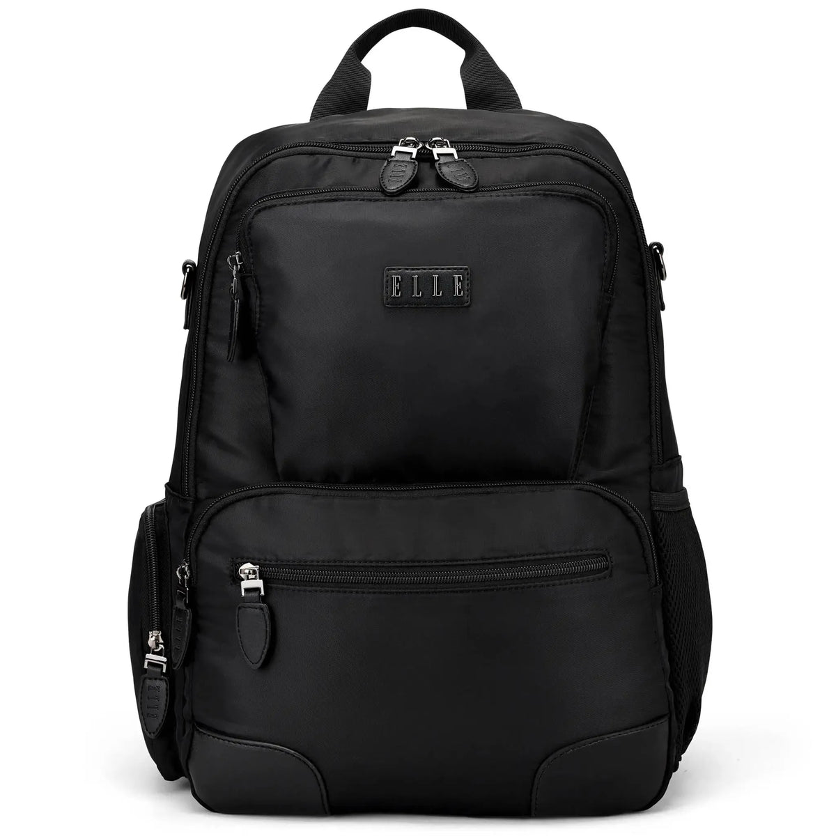 A black ELLE Voyage backpack in twill polyester and vegan leather, with a front zip pocket, adjustable straps, and a vegan-leather trolley sleeve for attaching to luggage.