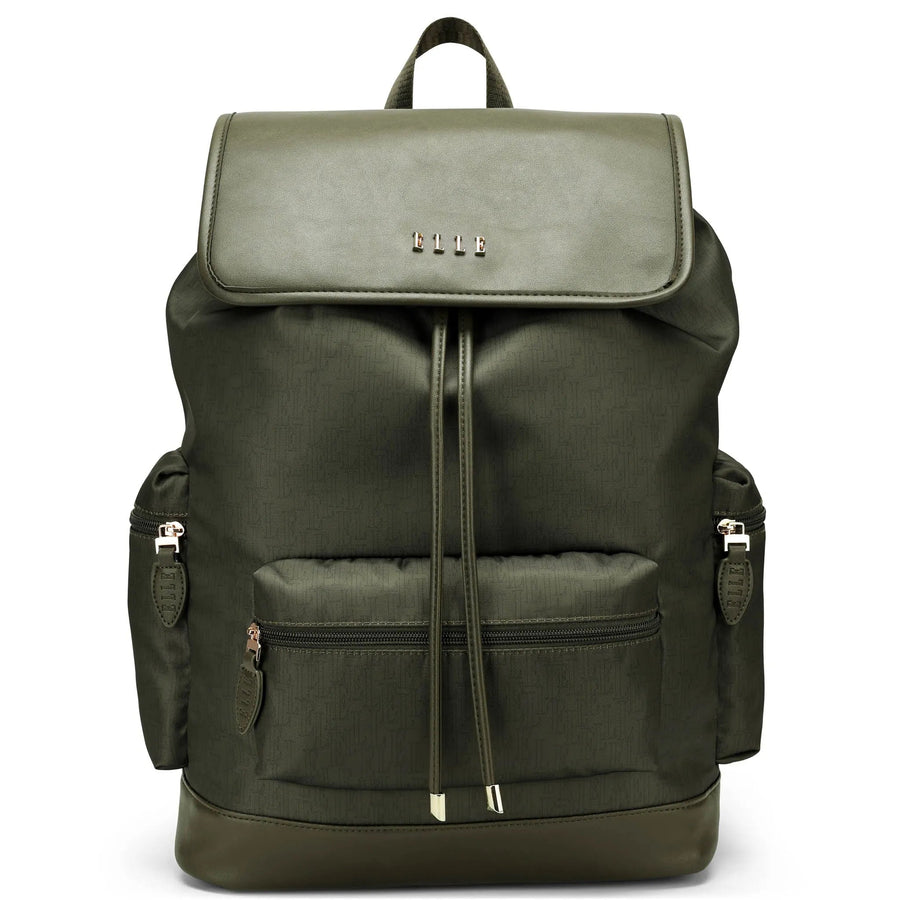 An olive green ELLE Wayfarer backpack in twill polyester and vegan leather, with a front zip pocket, adjustable padded straps, and a vegan-leather trolley sleeve on the back.