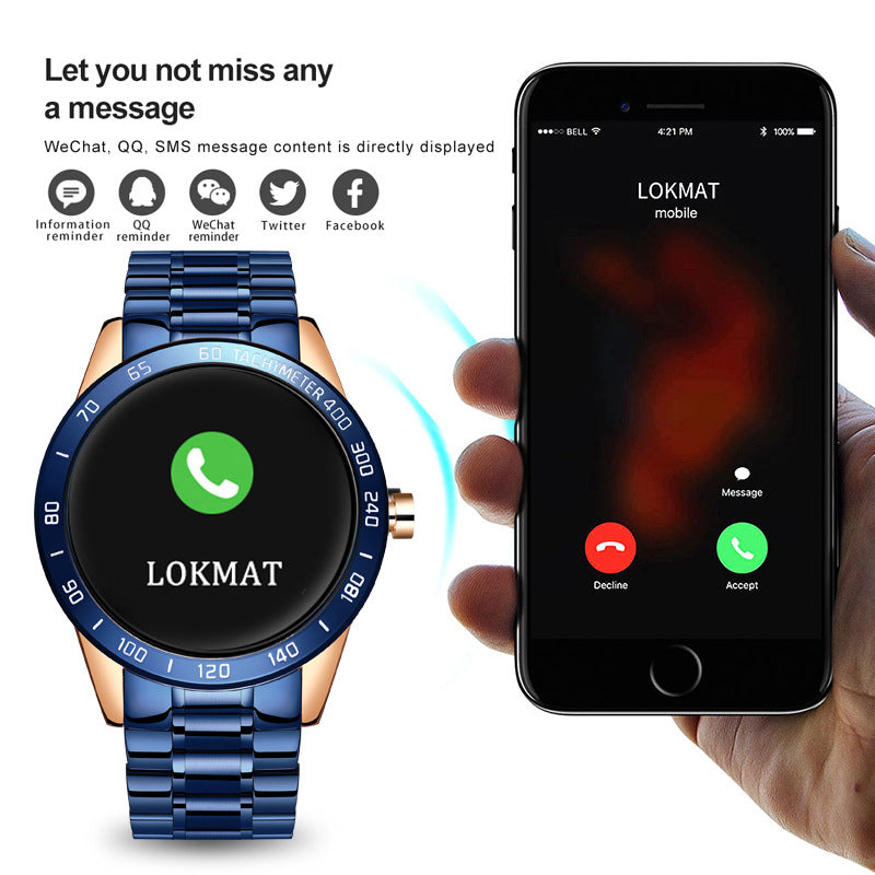 Black smartwatch with silicone band, round face showing time and calendar, angled view