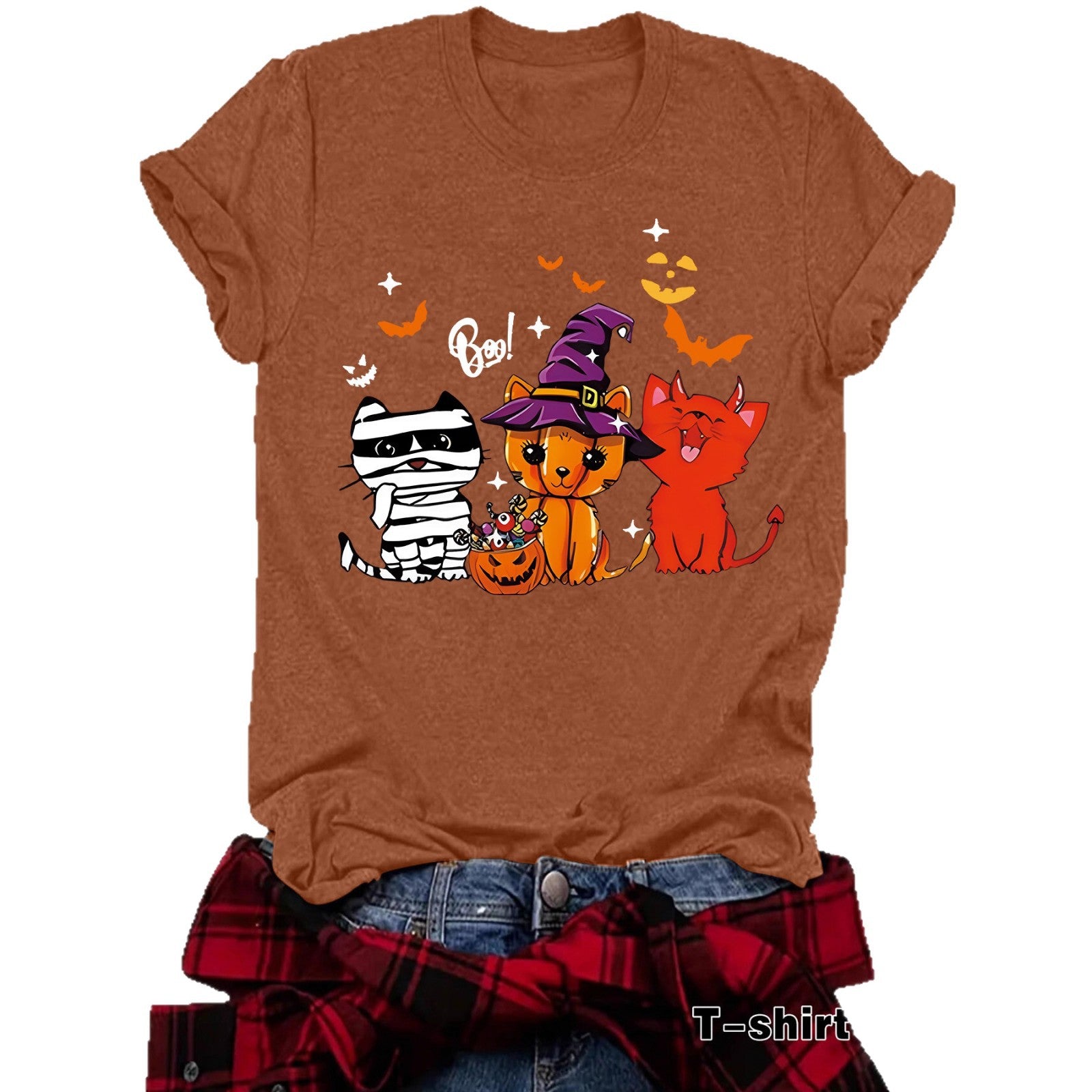 Three Halloween cat prints on short sleeves
