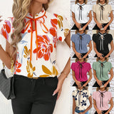 Fashionable Versatile Pleated Round Neck Tie-Print Short Sleeve Women's Top