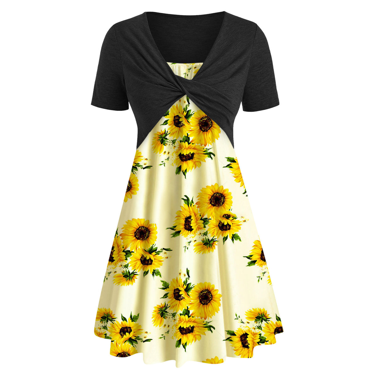 Ladies Short Sleeve Cross Print Dress Suit Sunflower Dress