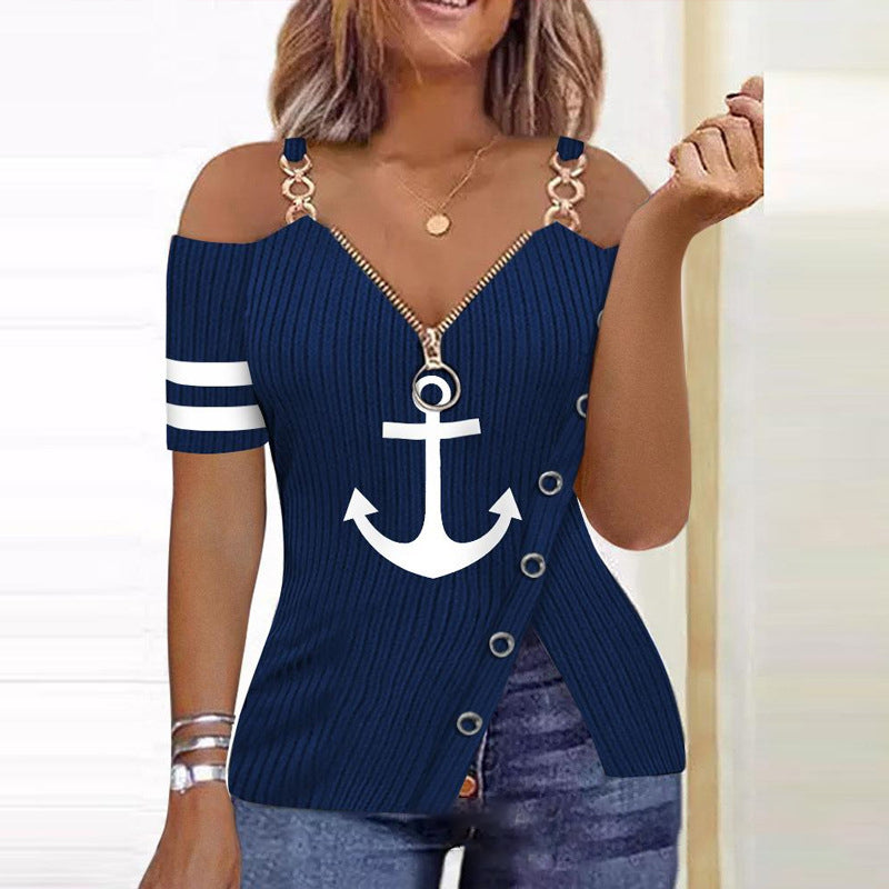 Womens European and American Metal Chain Zipper V Neck Shirt With Ship Anchor Pattern Printed Zipper T Shirt