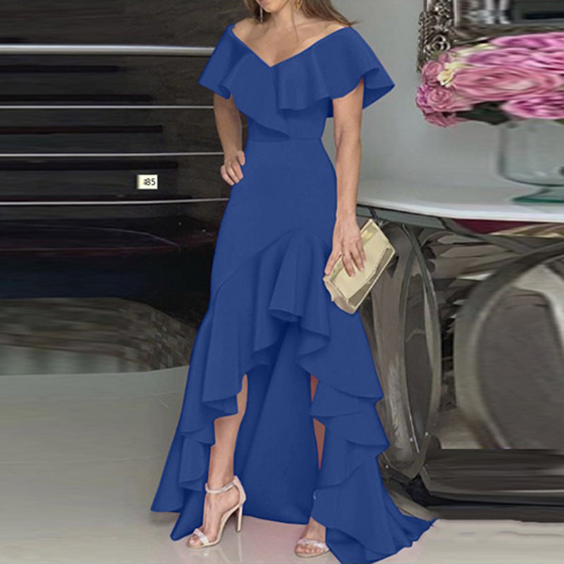 Temperament Ladies V-Neck Ruffle Irregular Elegant Dress