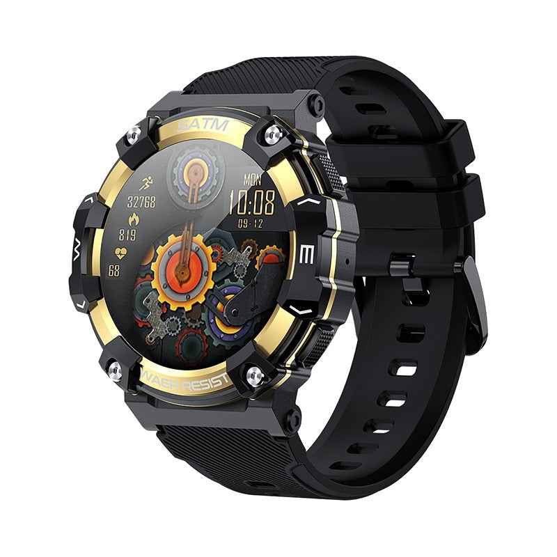Black rugged smartwatch with a constellation style display and a black silicone strap