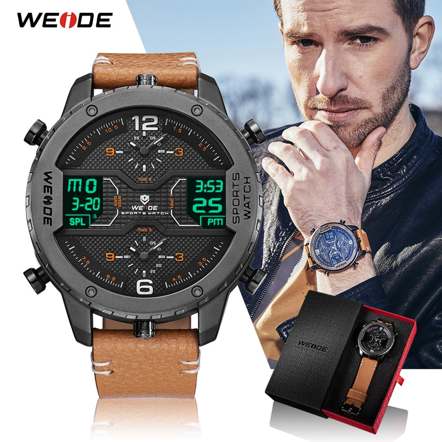 WEIDE oversized sport watch, black and gray case with digital display windows, brown leather strap