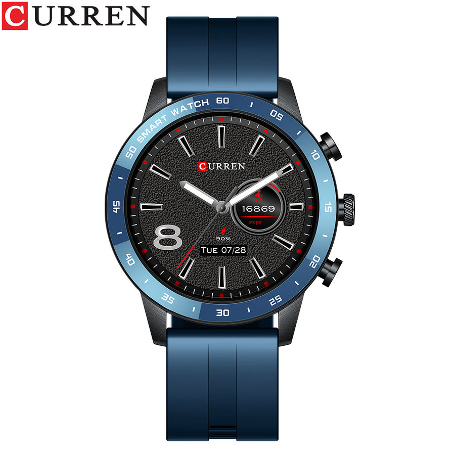 Two black smartwatches with silicone bands, promotional graphic showing heart rate tracking screens