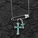 925 Silver Plated White Gold Rhinestone Pin Double Cross Pendant Necklace for Men and Women, European and American Style, Unique Design, High-End Look