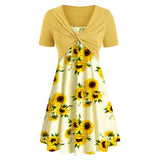 Ladies Short Sleeve Cross Print Dress Suit Sunflower Dress