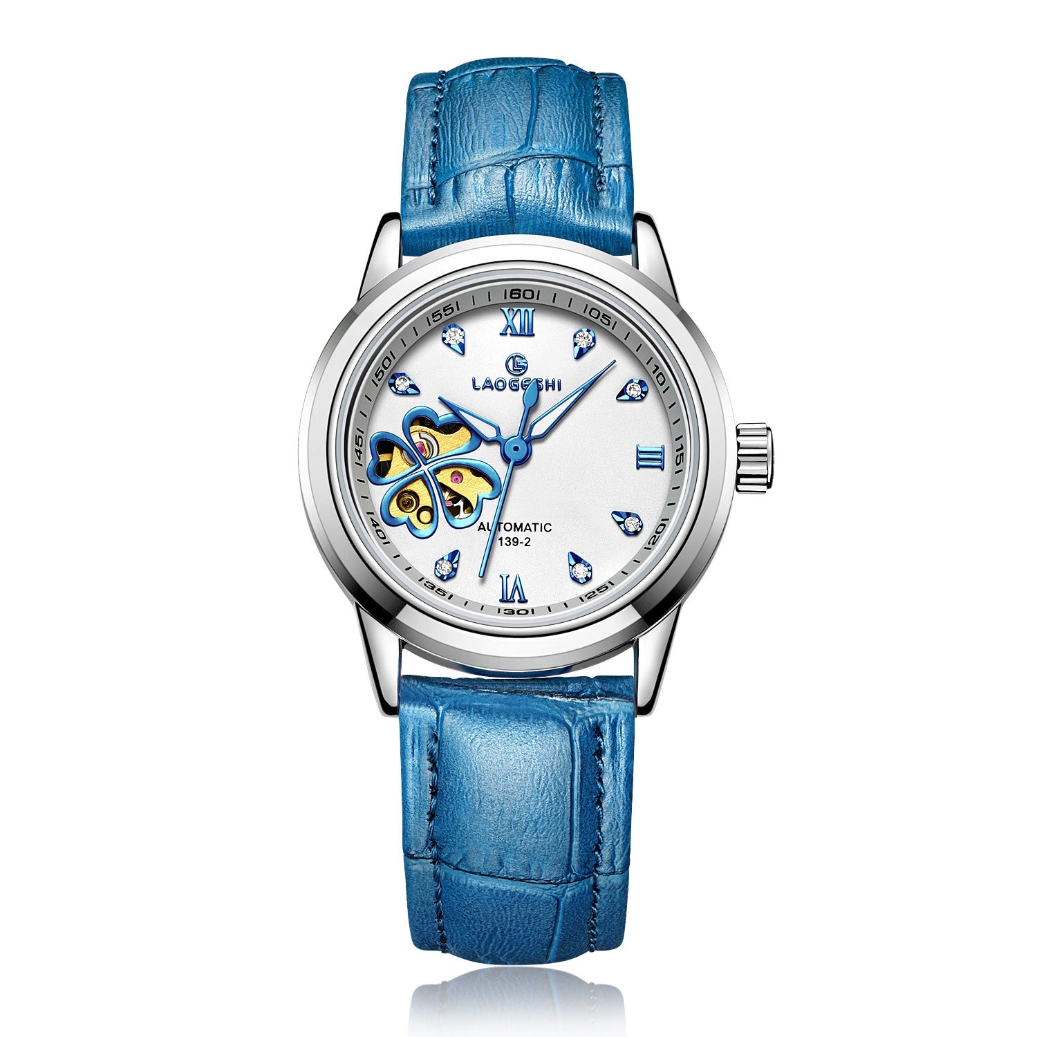 Silver automatic watch, white dial with blue four-leaf clover skeleton cutout, blue leather strap