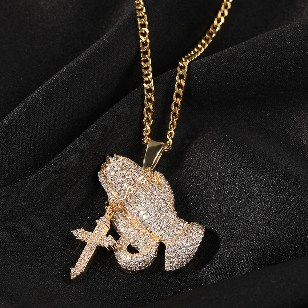 Full diamond hand cross pendant necklace European and American retro hip-hop rap popular accessory