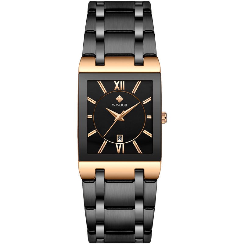Gold square-cased quartz watch with a black dial and matching gold link bracelet, angled view