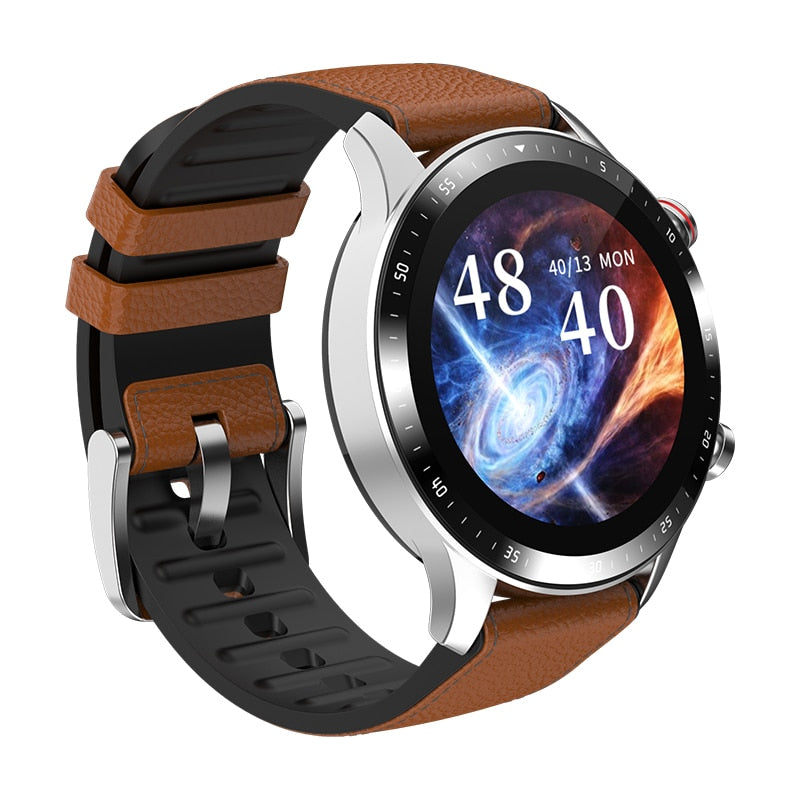Silver round smart watch with stainless steel bracelet and interchangeable black band