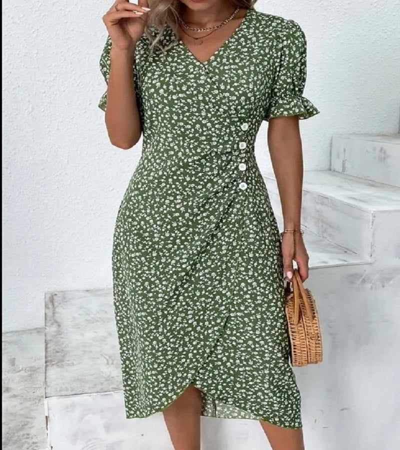 European and American Summer New Womens Vacation Leisure Flower Irregular Bottom V Neck Dress