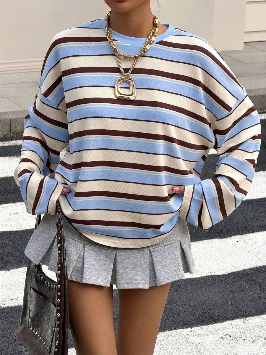Round neck contrasting striped pullover loose sweatshirt