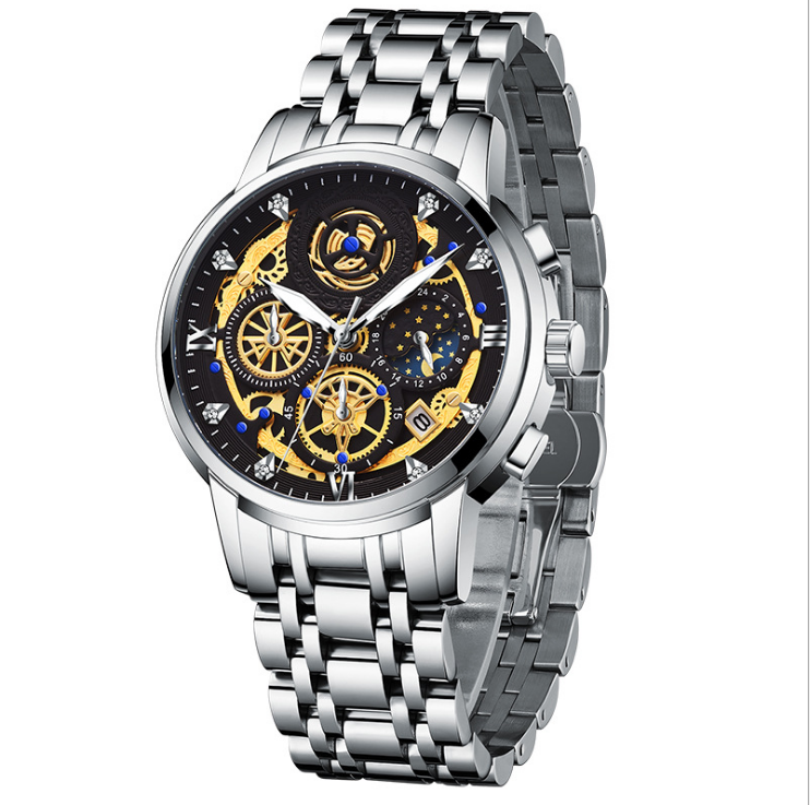 Ornate gold and silver skeleton watch with hollow-carved dial, stainless steel bracelet