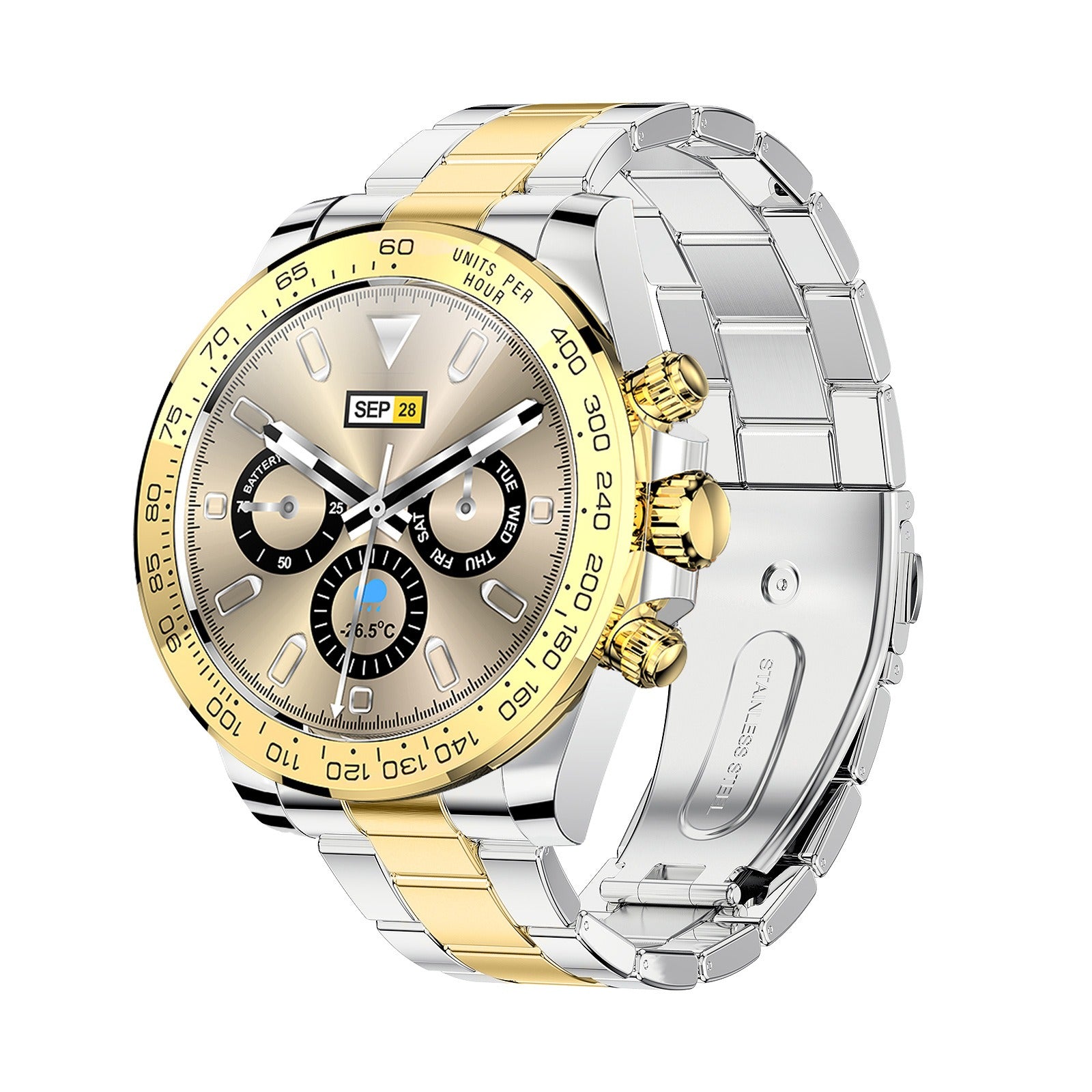 Gold and silver two-tone smartwatch face showing battery, date, and temperature readouts