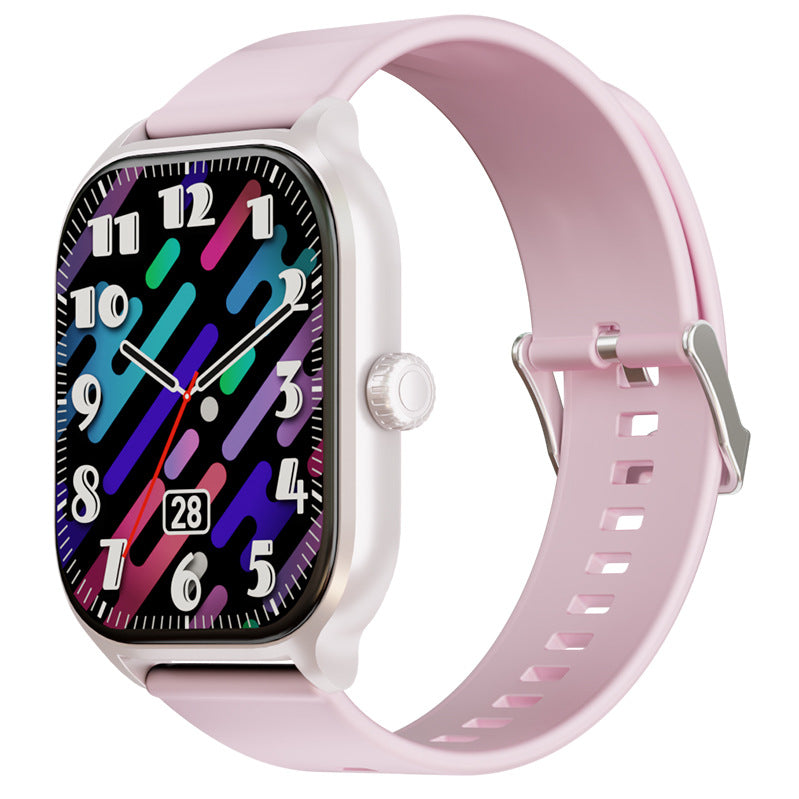 Rectangular black smartwatch with a colorful abstract watch face and black silicone band