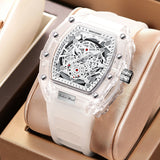 Transparent skeleton watch with exposed movement and a matching clear silicone strap