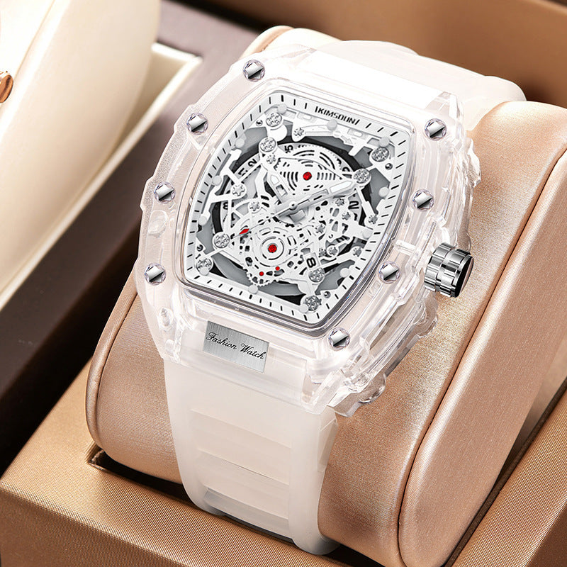 Transparent skeleton watch with exposed movement and a matching clear silicone strap
