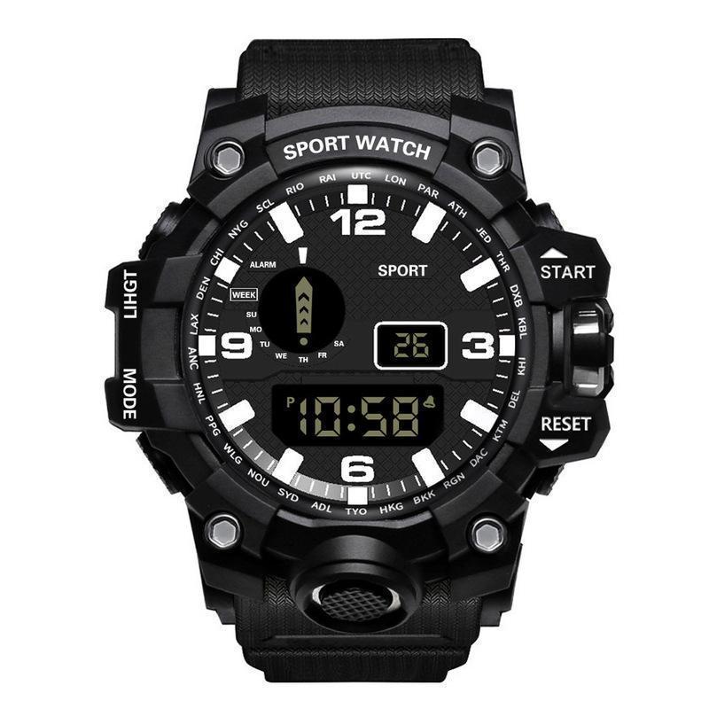 Black rugged digital watch with world time city codes around the dial, black silicone strap