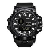 Black rugged digital watch with world time city codes around the dial, black silicone strap