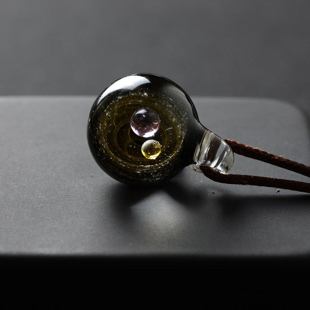 Universe Glass Bead Planets Pendant Necklace Galaxy Rope Chain Solar System Design Necklace