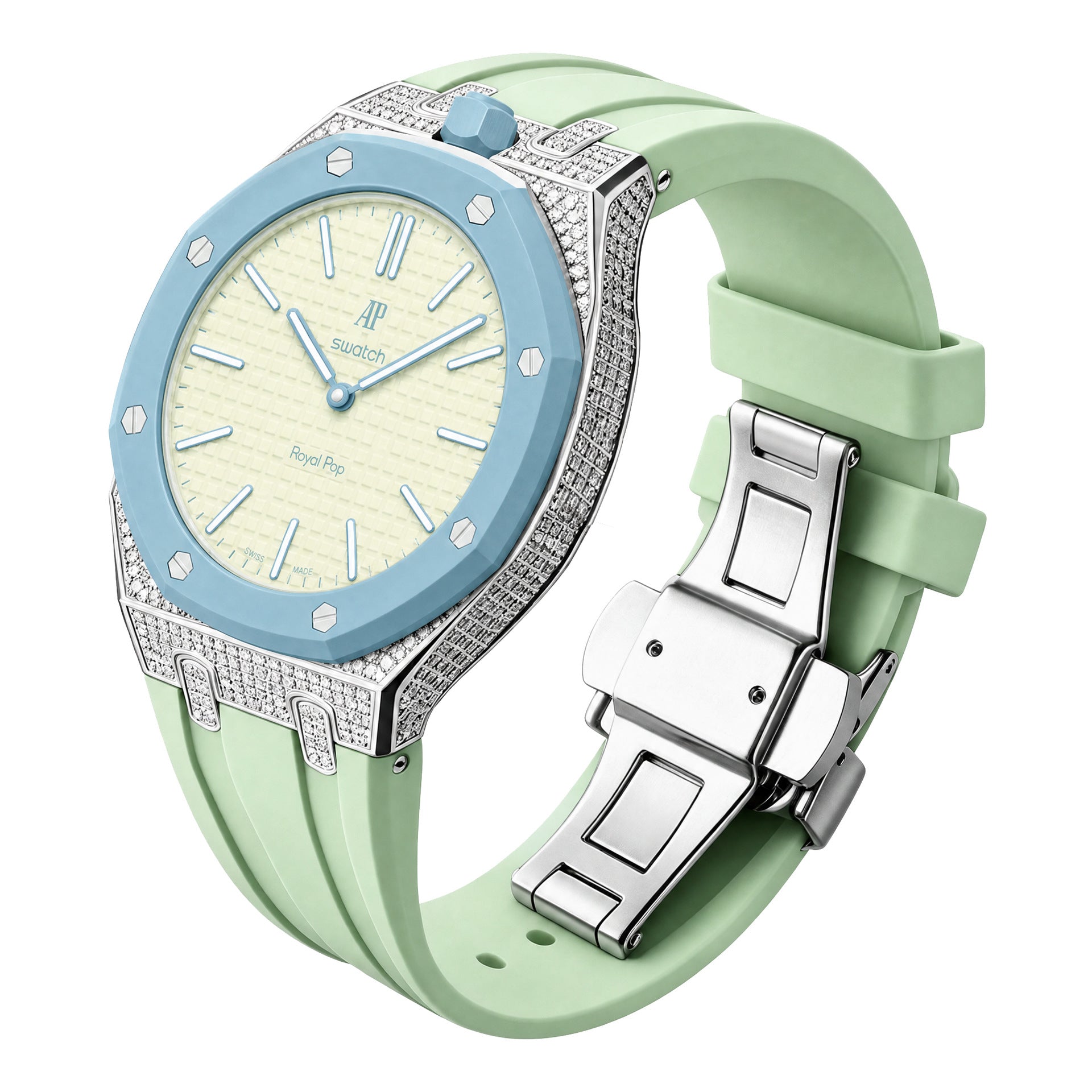 Diamond-set steel case watch with a light dial and blue bezel, on a mint green rubber strap