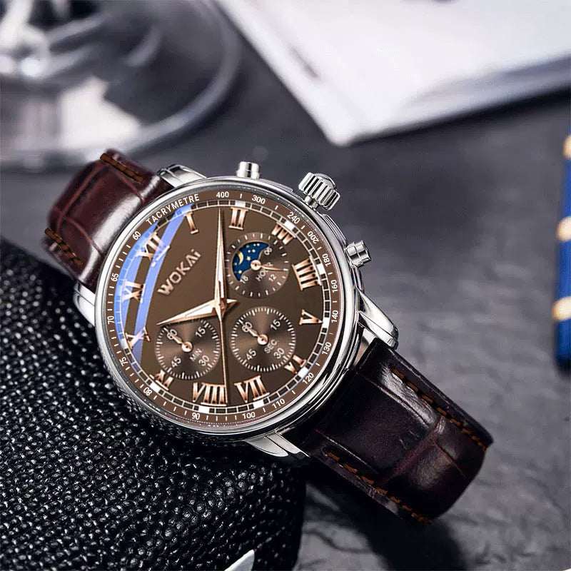 WOKAI brown chronograph watch with three subdials, Roman numerals and a stitched brown leather strap