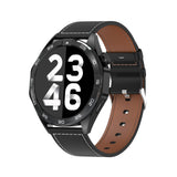 Black square smart watch showing large numeral time display, black leather strap